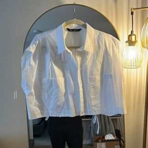 Zara white safari inspired button down / draw string crop top